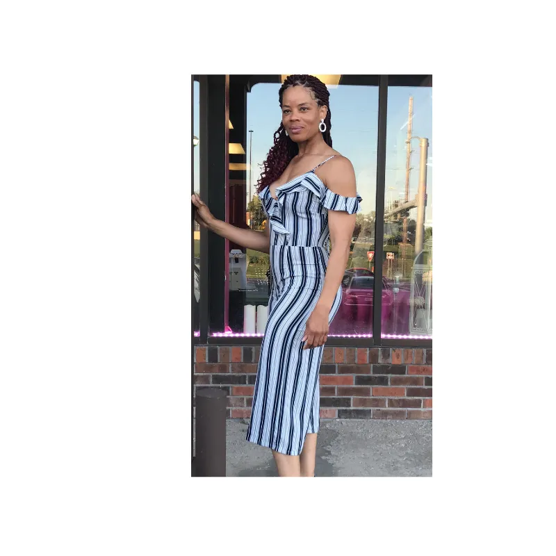 Navy Striped Off Shoulder Ruffle Crop Jumpsuit