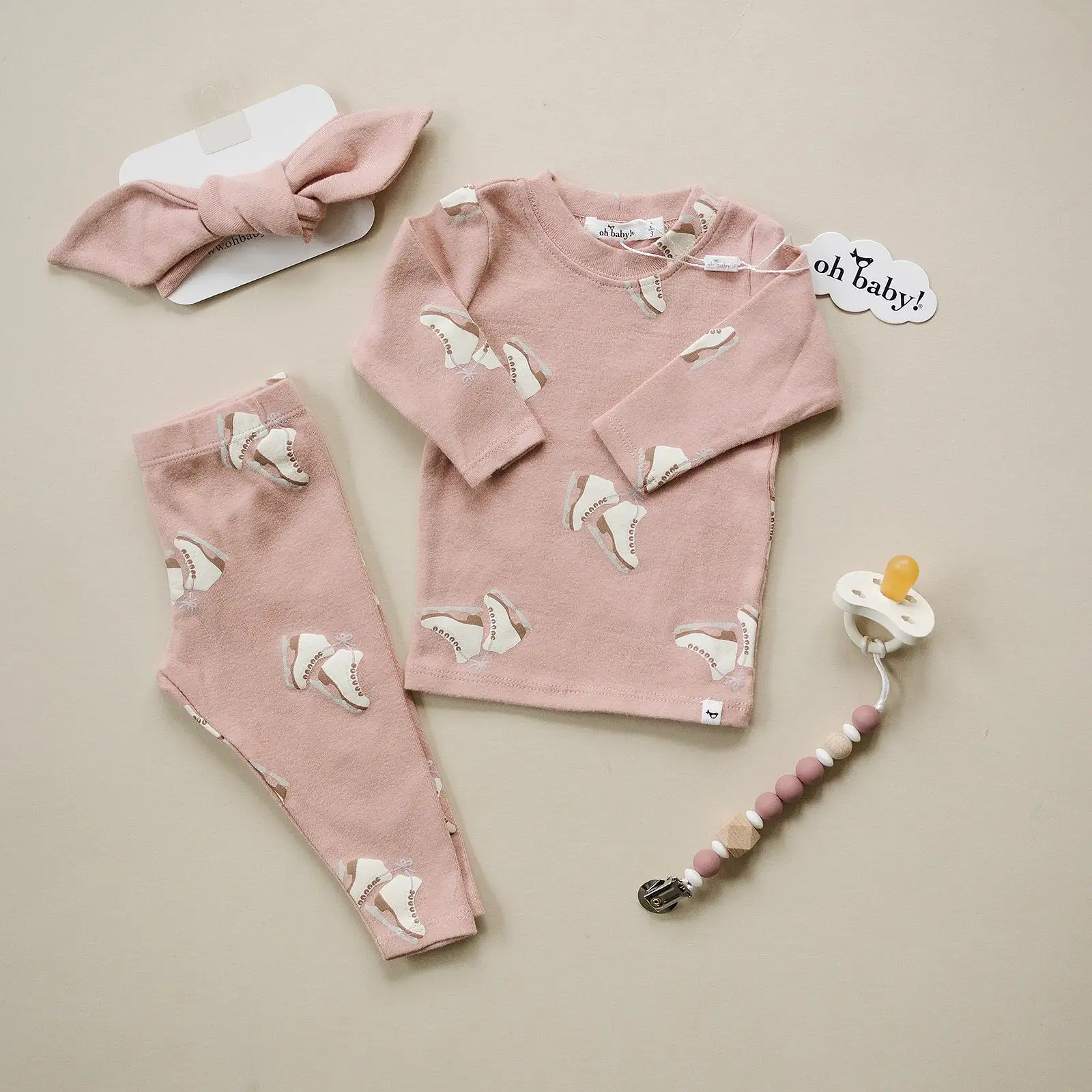 oh baby! Long Sleeve Two Piece Set - Ice Skates Print - Blush