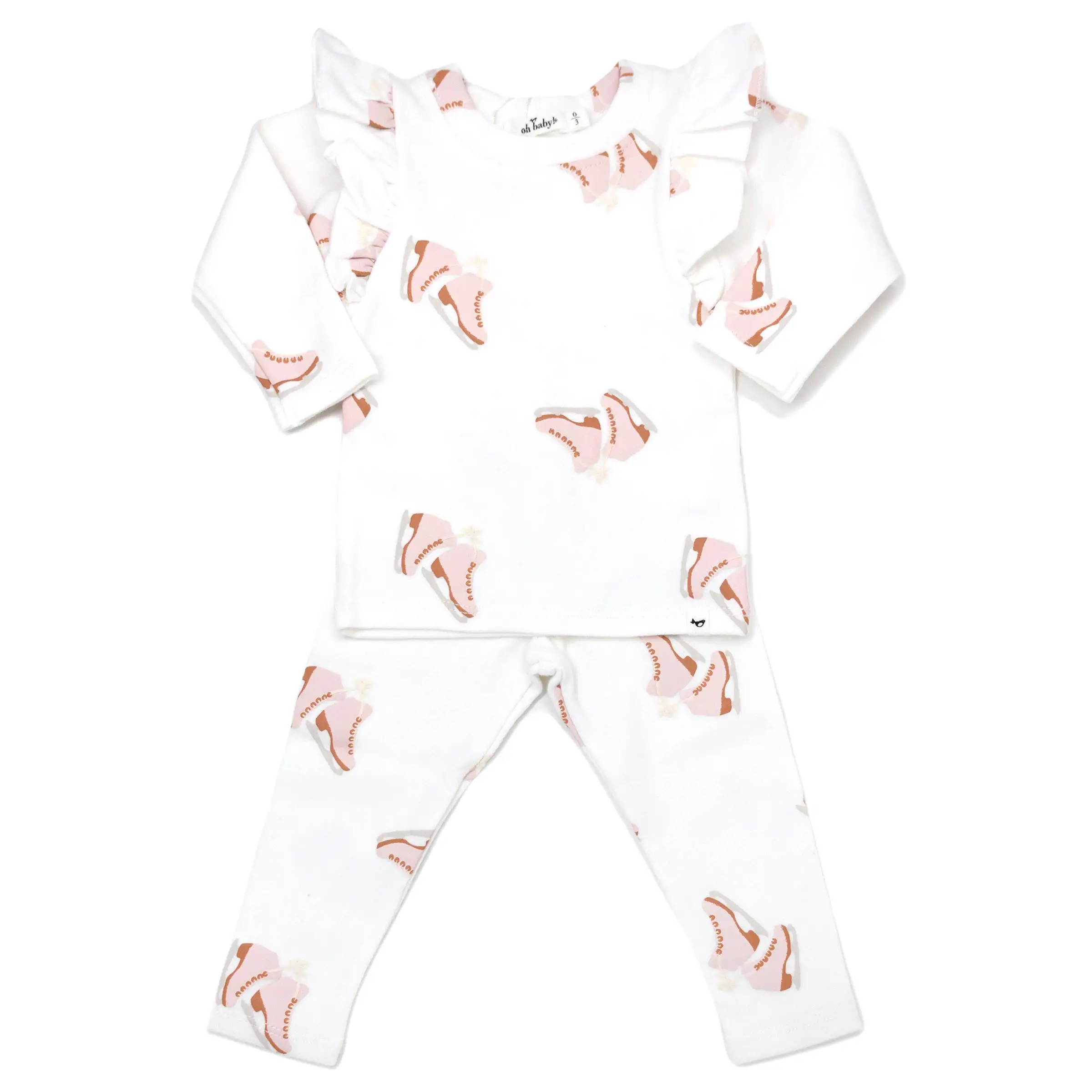 oh baby! Millie Long Sleeve Two Piece Set -  Blush Ice Skate Print - Cream