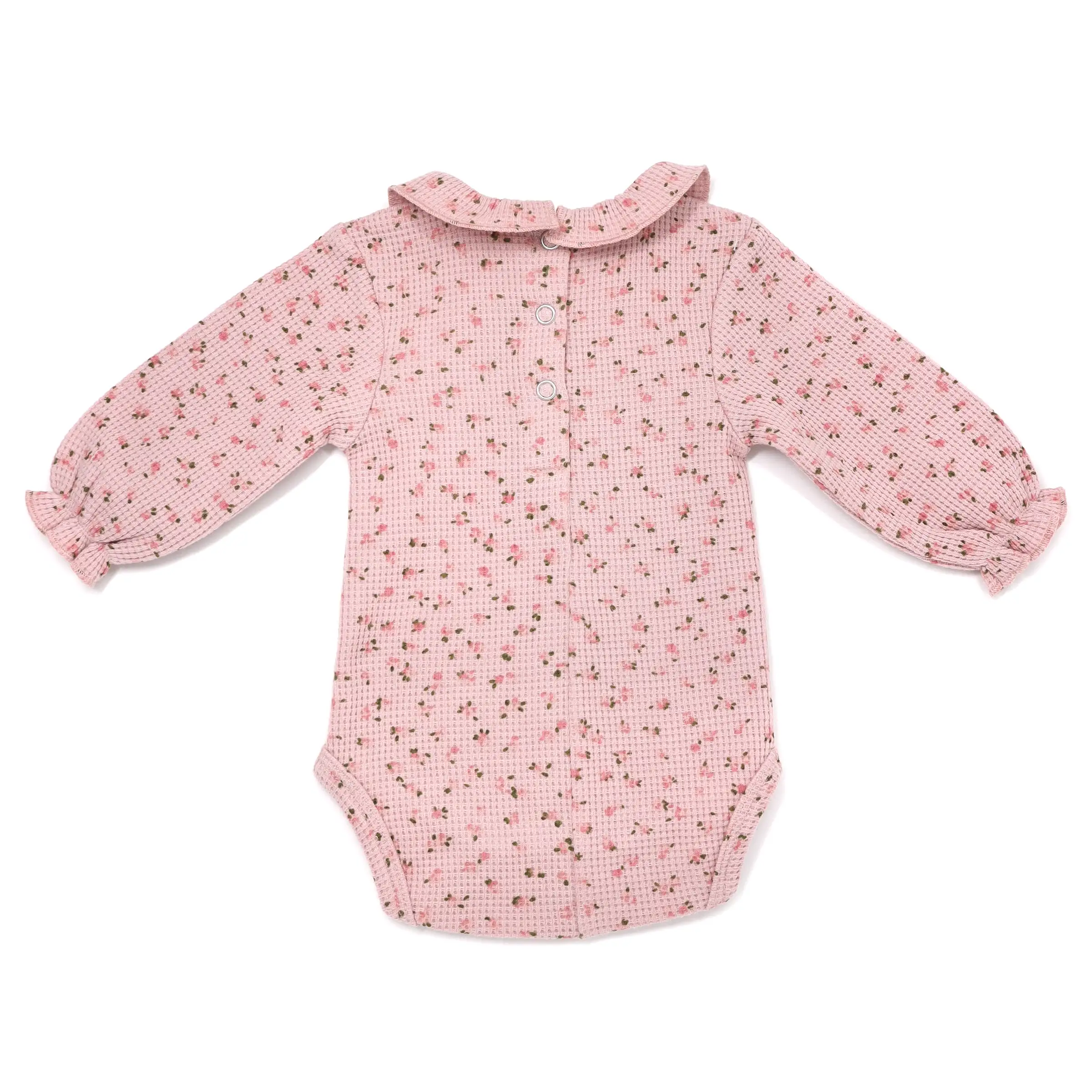 oh baby! Ruffle Collar Waffle Knit Onesie - Roses - Blush