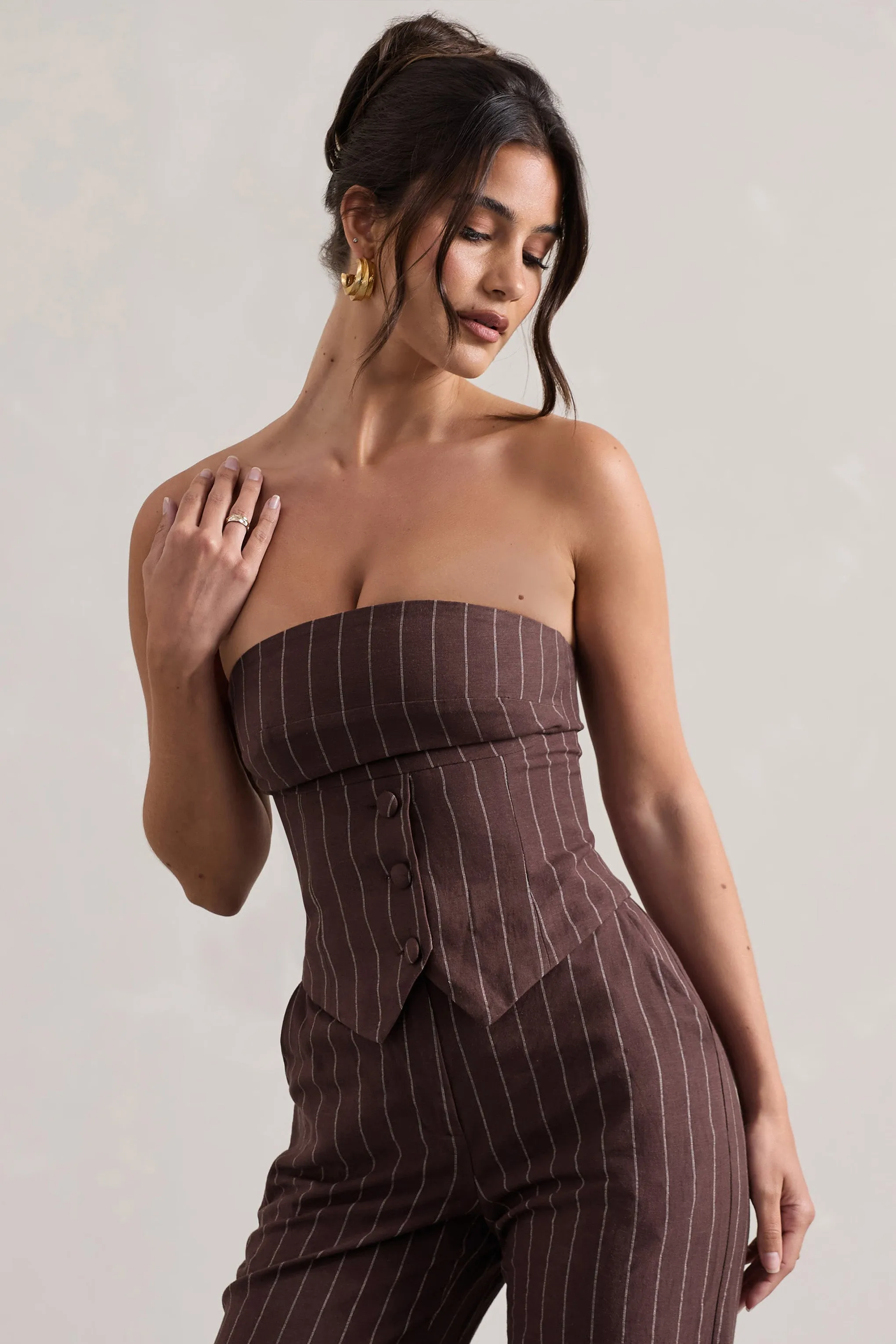 On Time | Chocolate Brown Pinstripe Tailored Bandeau Top