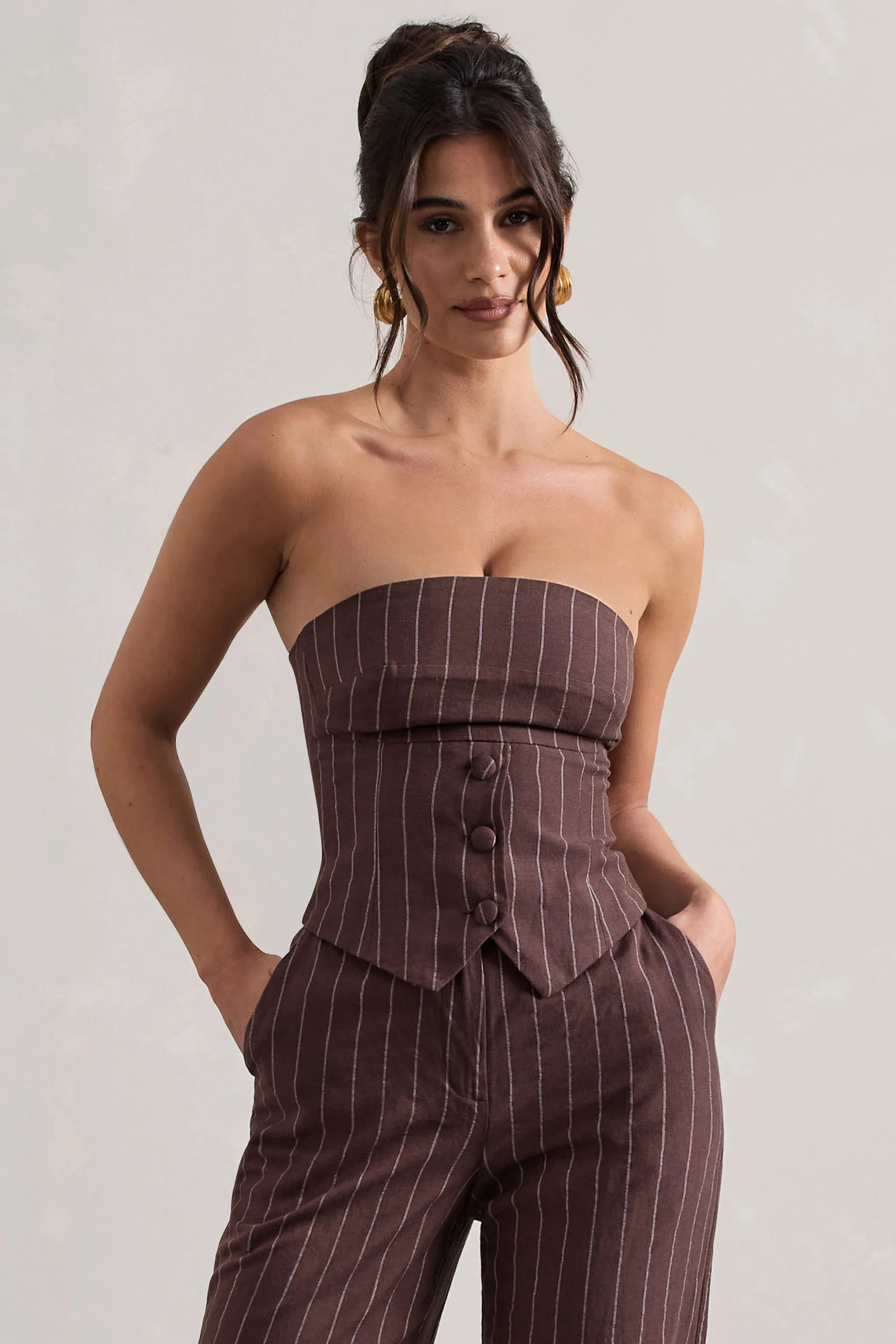 On Time | Chocolate Brown Pinstripe Tailored Bandeau Top