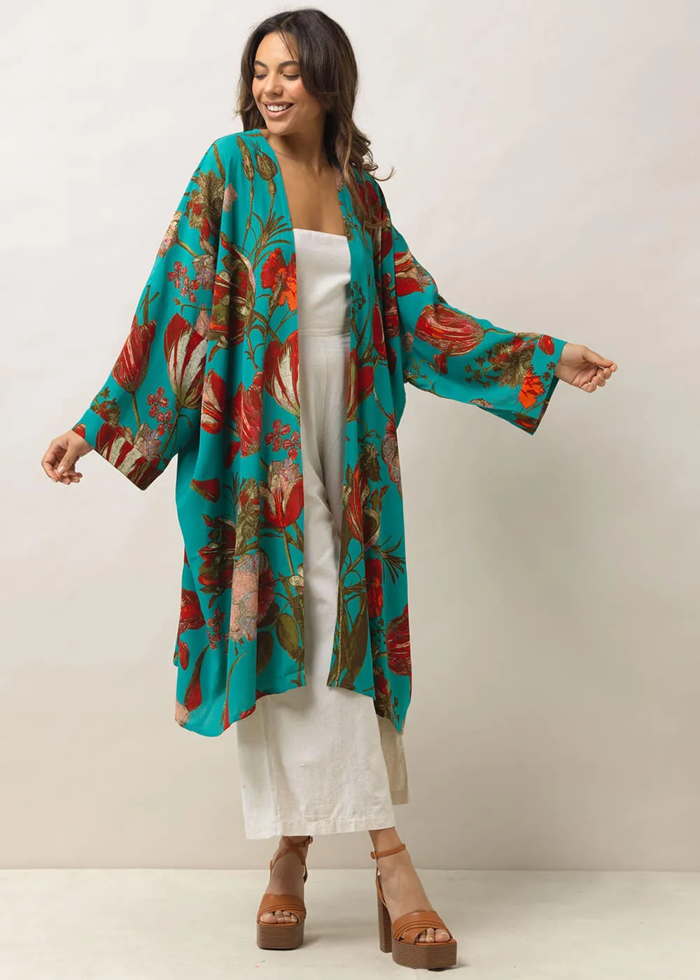 One Hundred Stars Tulip Long Kimono Blue