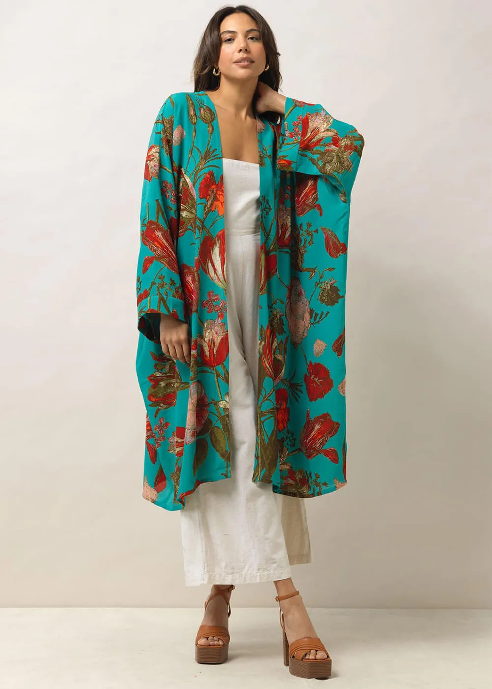 One Hundred Stars Tulip Long Kimono Blue