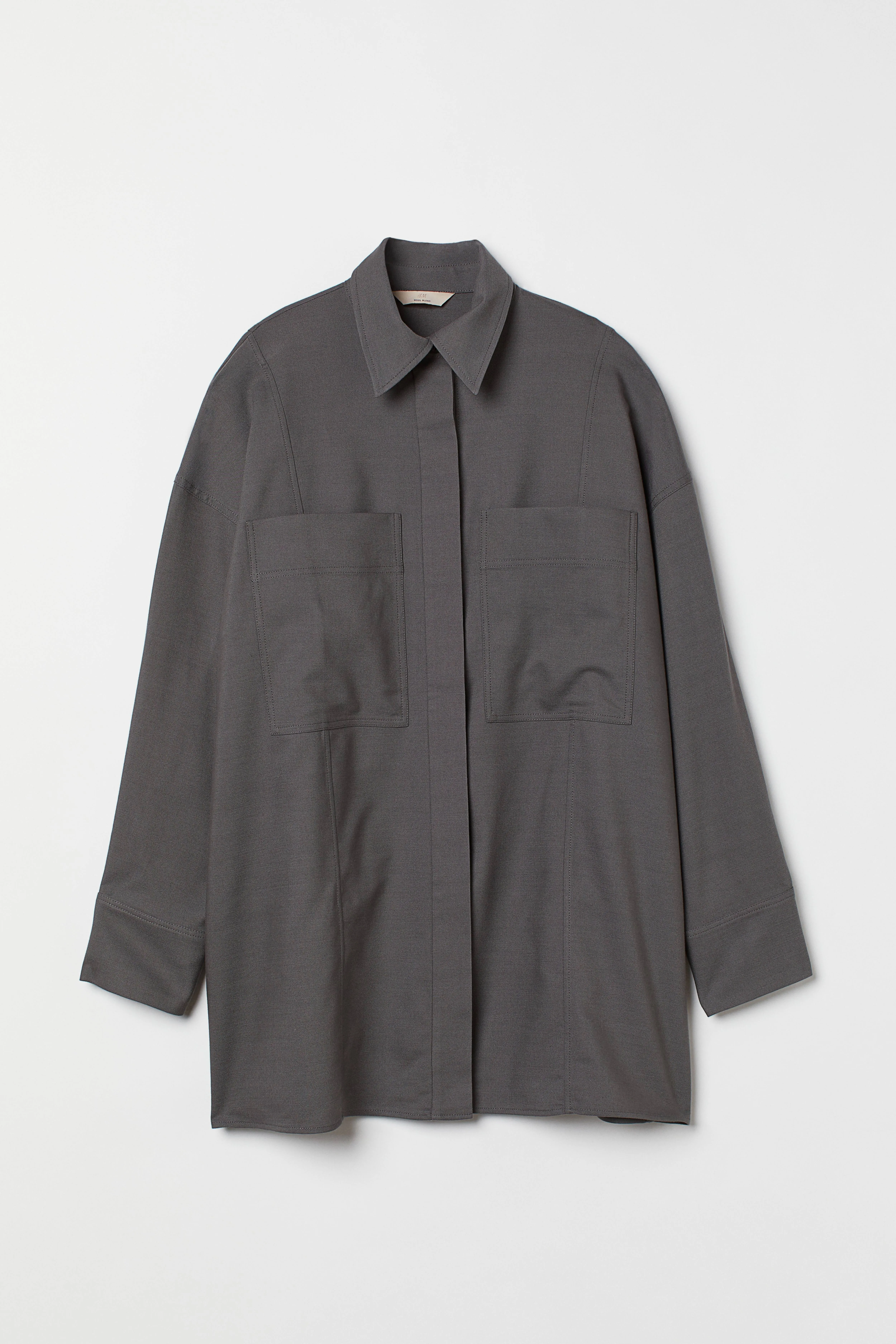 Oversized wool-blend shirt - Long sleeve - Long - Dark greige - Ladies | H&M GB