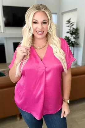 Pleat Front V-Neck Top in Hot Pink