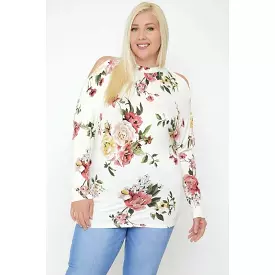 Plus size long sleeve cutout details floral print top