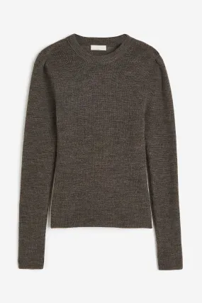 Puff-sleeved wool top - Round neck - Long sleeve - Dark brown - Ladies | H&M GB