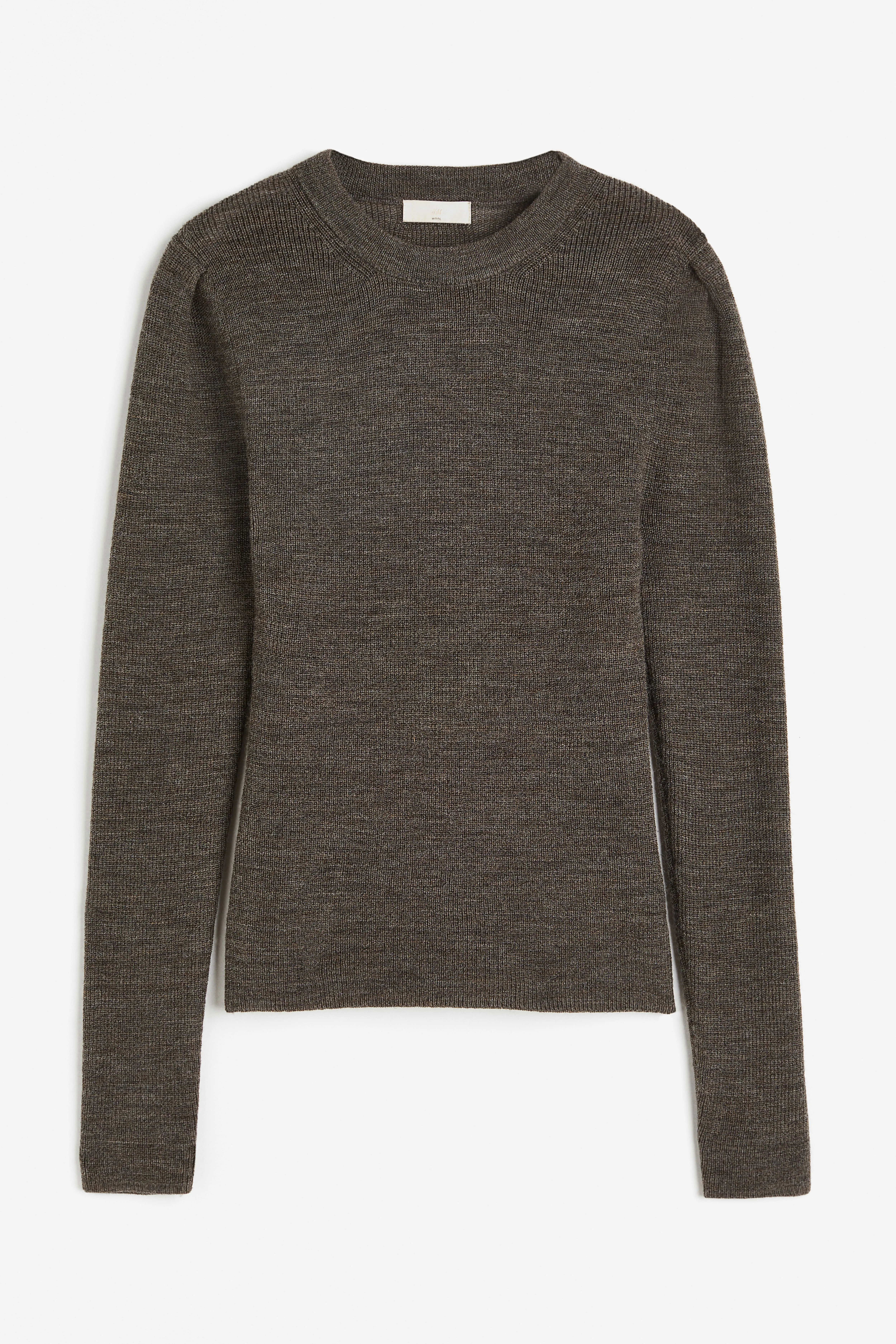 Puff-sleeved wool top - Round neck - Long sleeve - Dark brown - Ladies | H&M GB