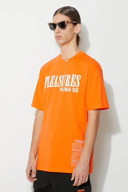 Puma cotton t-shirt PUMA x PLEASURES Typo Tee men’s orange color 620878