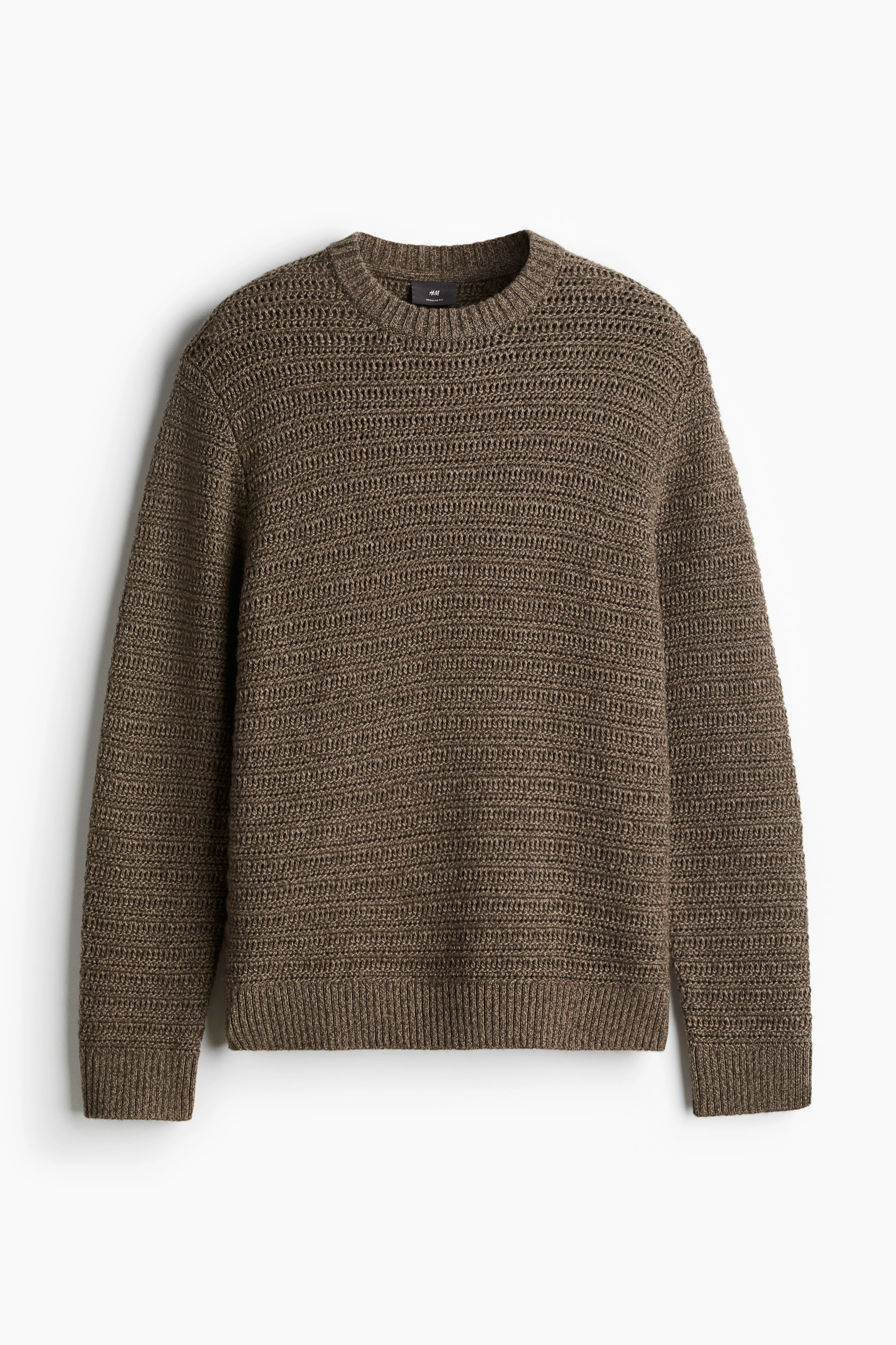 Regular Fit Wool-blend pointelle-knit jumper - Round neck - Long sleeve - Dark greige marl - Men | H&M GB