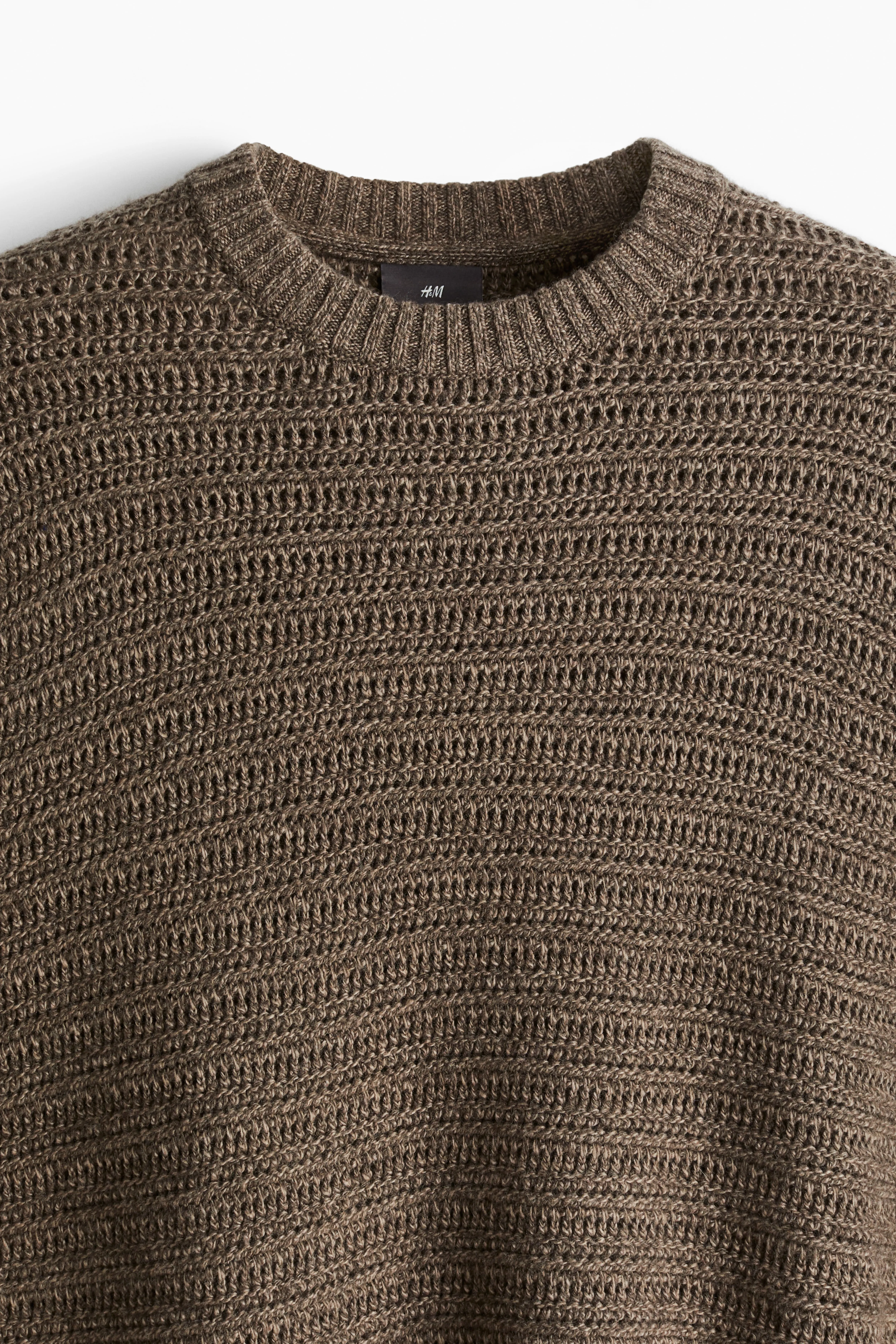 Regular Fit Wool-blend pointelle-knit jumper - Round neck - Long sleeve - Dark greige marl - Men | H&M GB