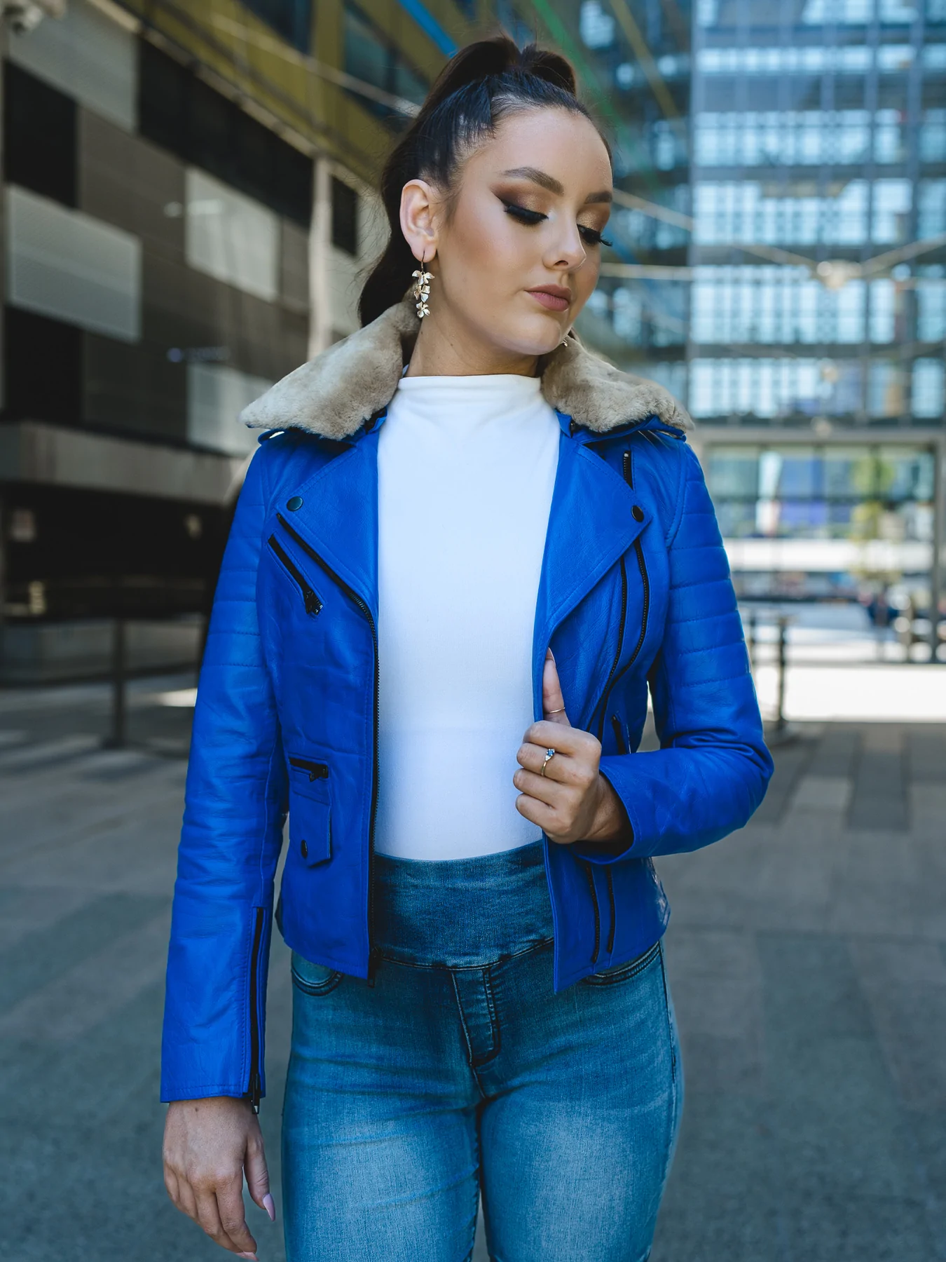 Royal Blue Leather Jacket Womens With Fur Collar