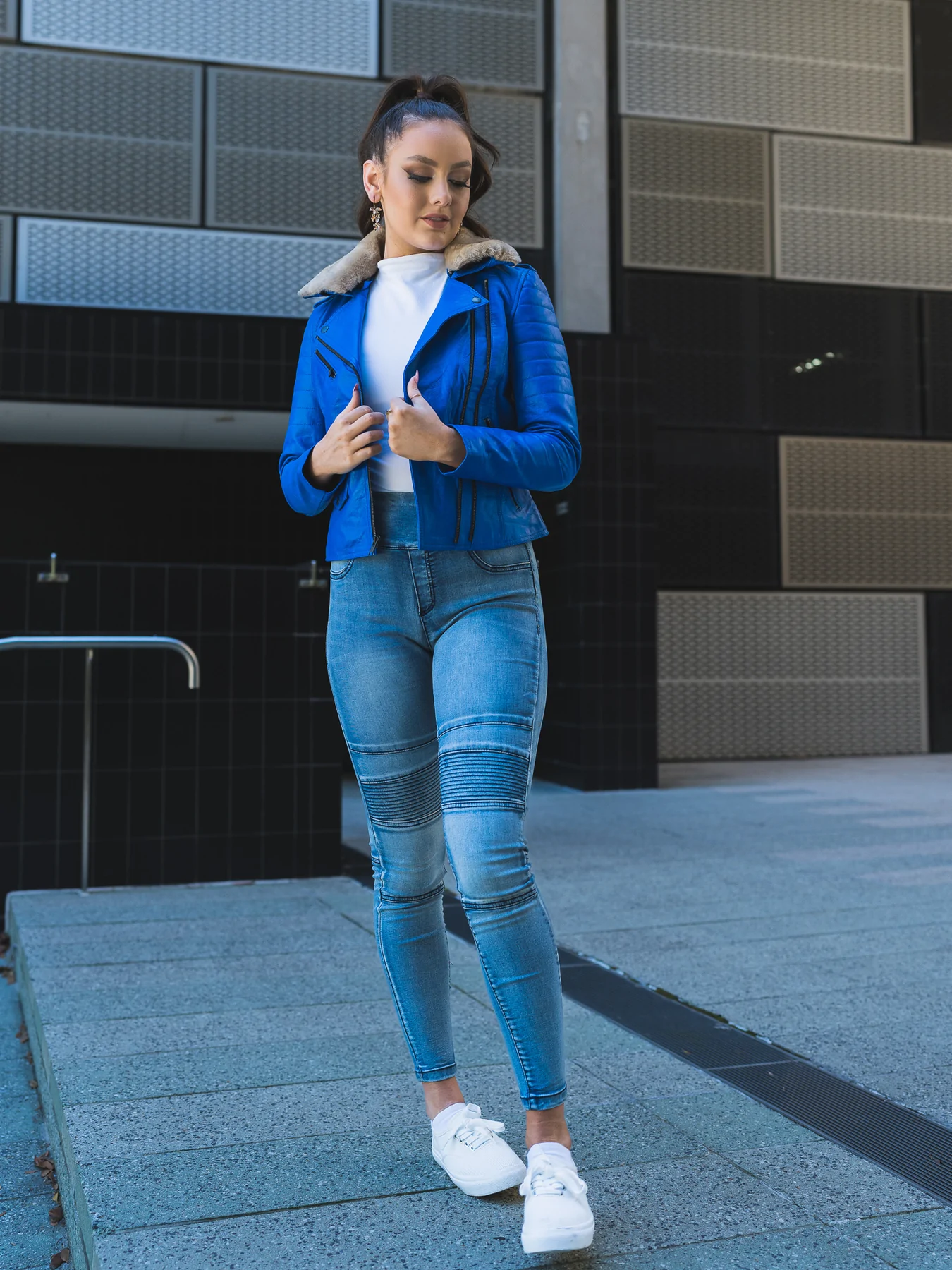 Royal Blue Leather Jacket Womens With Fur Collar