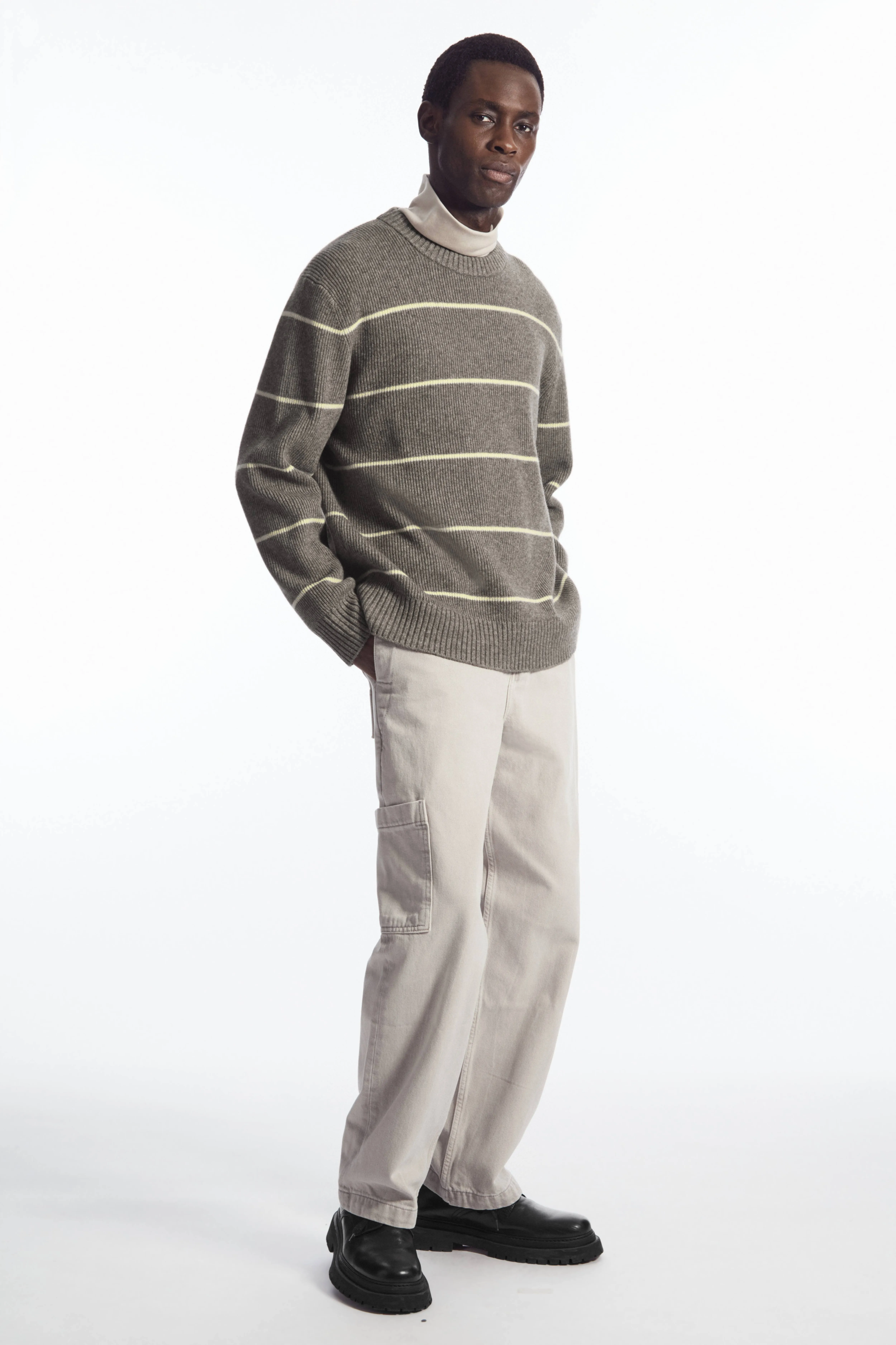 STRIPED WOOL AND YAK-BLEND JUMPER - Round neck - Long sleeve - DARK BEIGE / STRIPED - Men | H&M GB