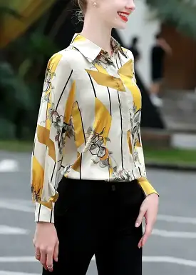 Stylish Yellow Peter Pan Collar Print Silk Shirt Long Sleeve CG1017