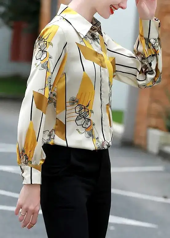 Stylish Yellow Peter Pan Collar Print Silk Shirt Long Sleeve CG1017