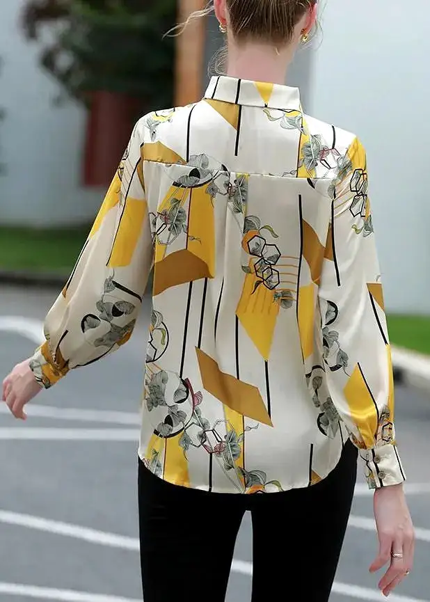 Stylish Yellow Peter Pan Collar Print Silk Shirt Long Sleeve CG1017