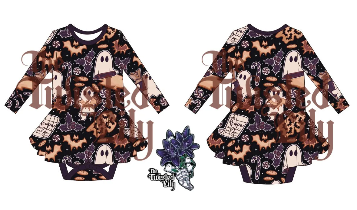 The Ghost of Christmas Cookies Long Sleeve Twirl Skirt Bodysuit- Preorder