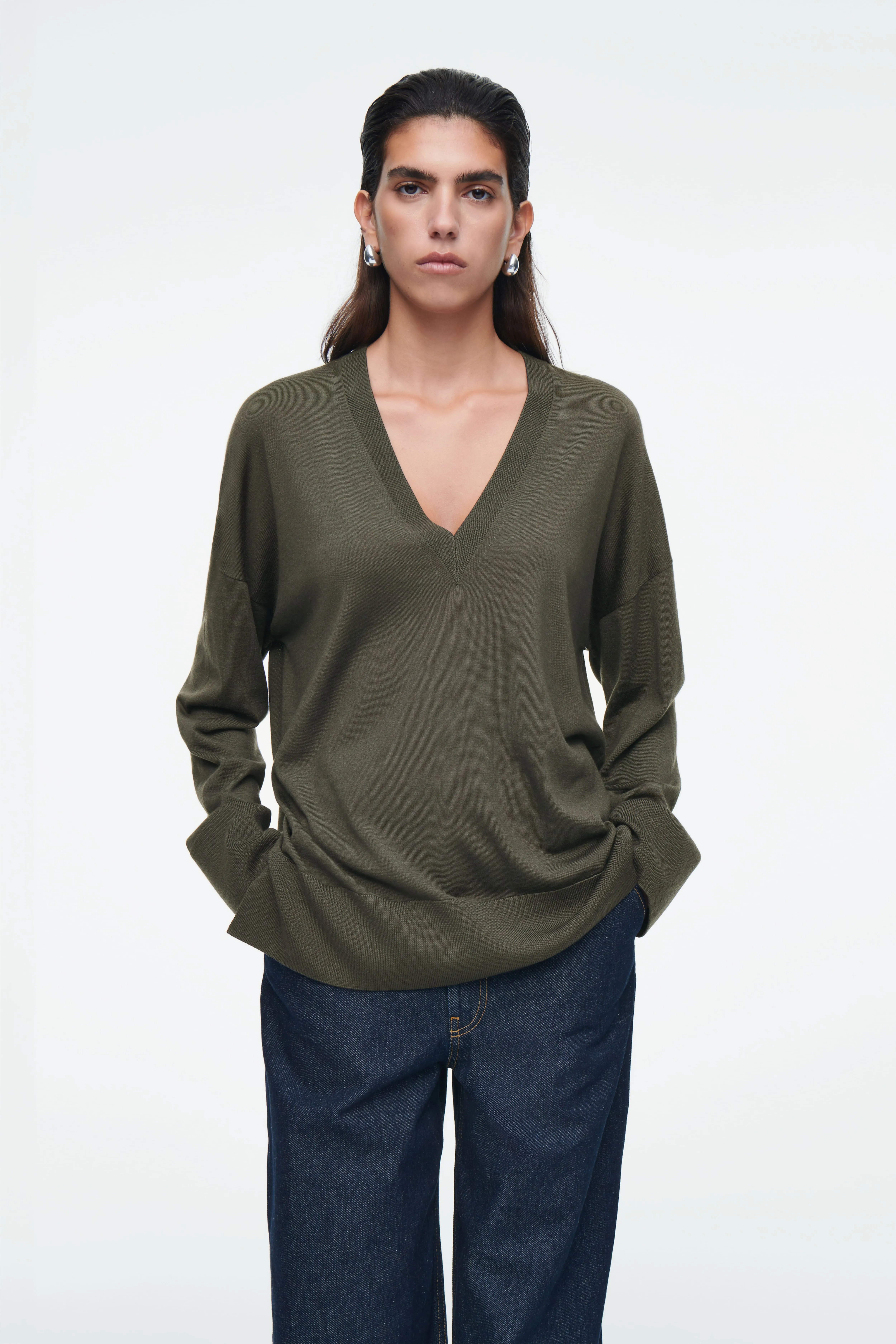 V-NECK MERINO WOOL JUMPER - V-neck - Long sleeve - DARK KHAKI - Ladies | H&M GB