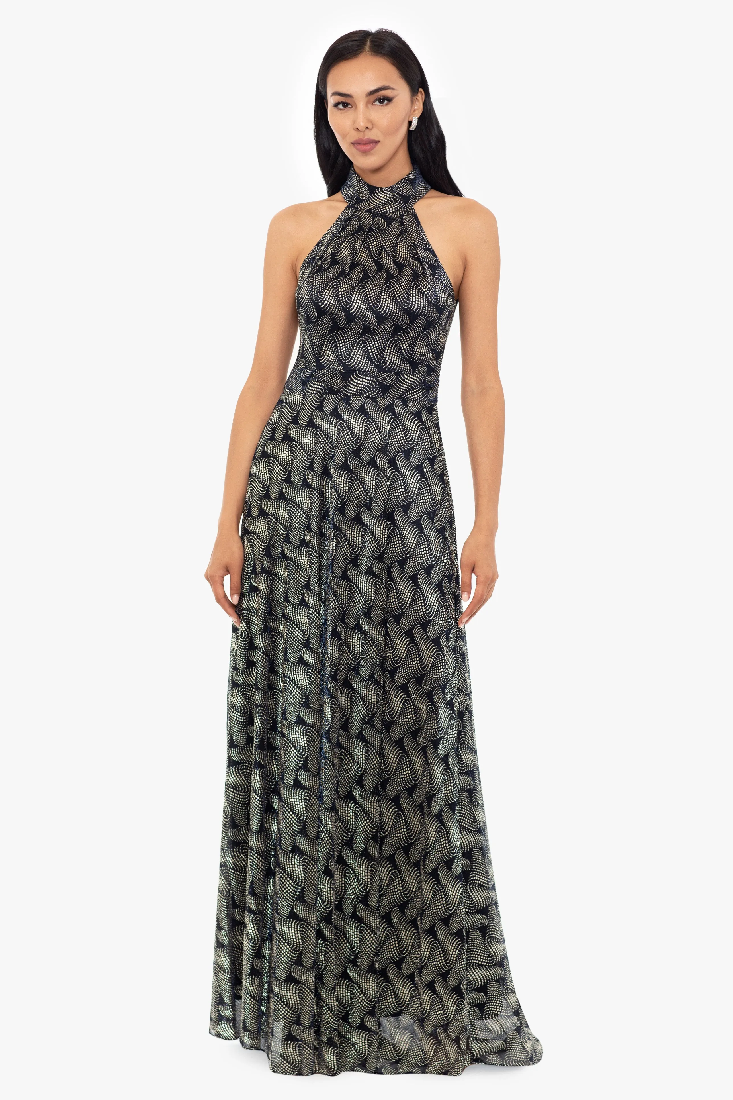 Vilma Long Foil Print Halter Neck Dress