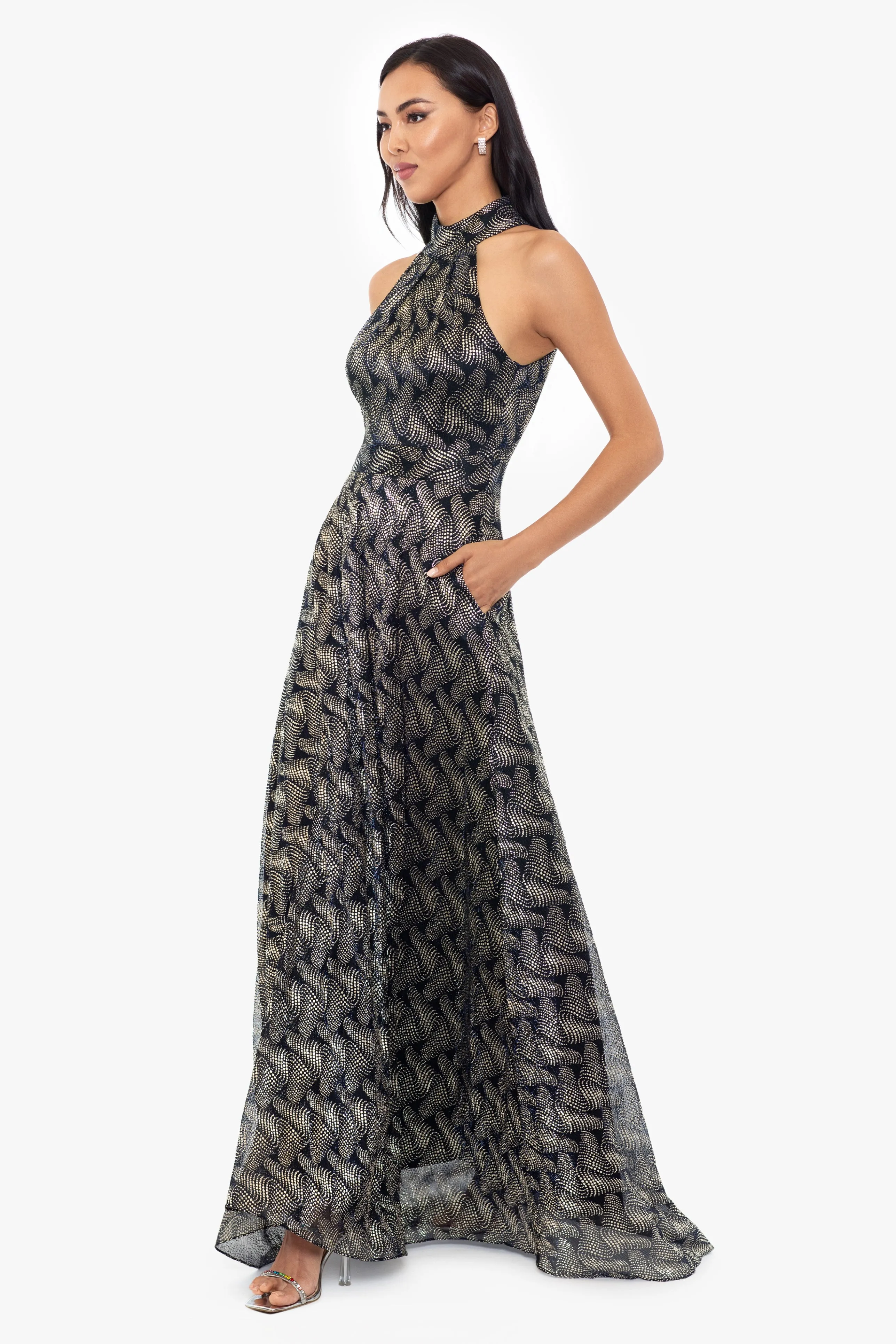 Vilma Long Foil Print Halter Neck Dress