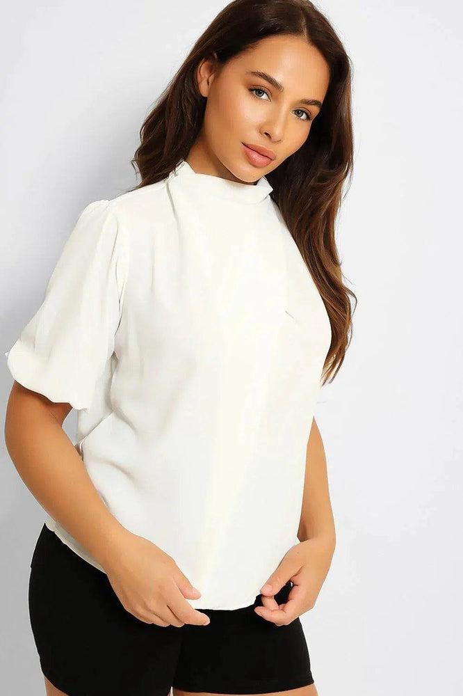 White High Neck Front Pleat Top