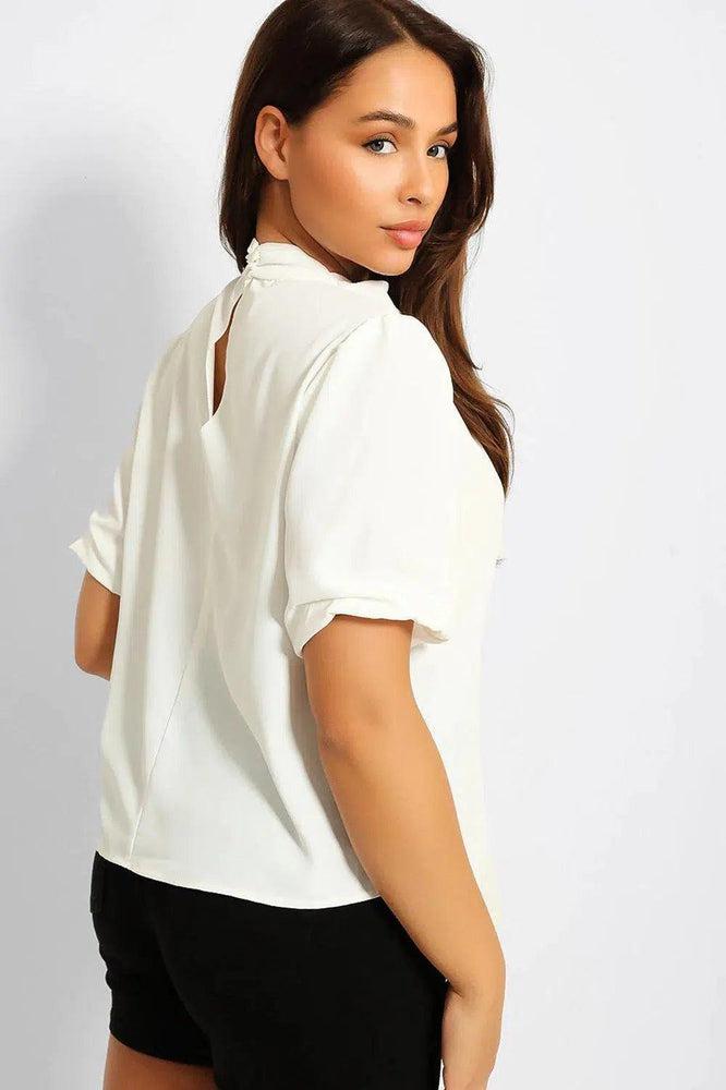 White High Neck Front Pleat Top