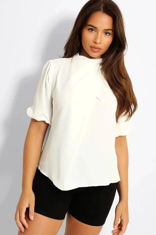 White High Neck Front Pleat Top