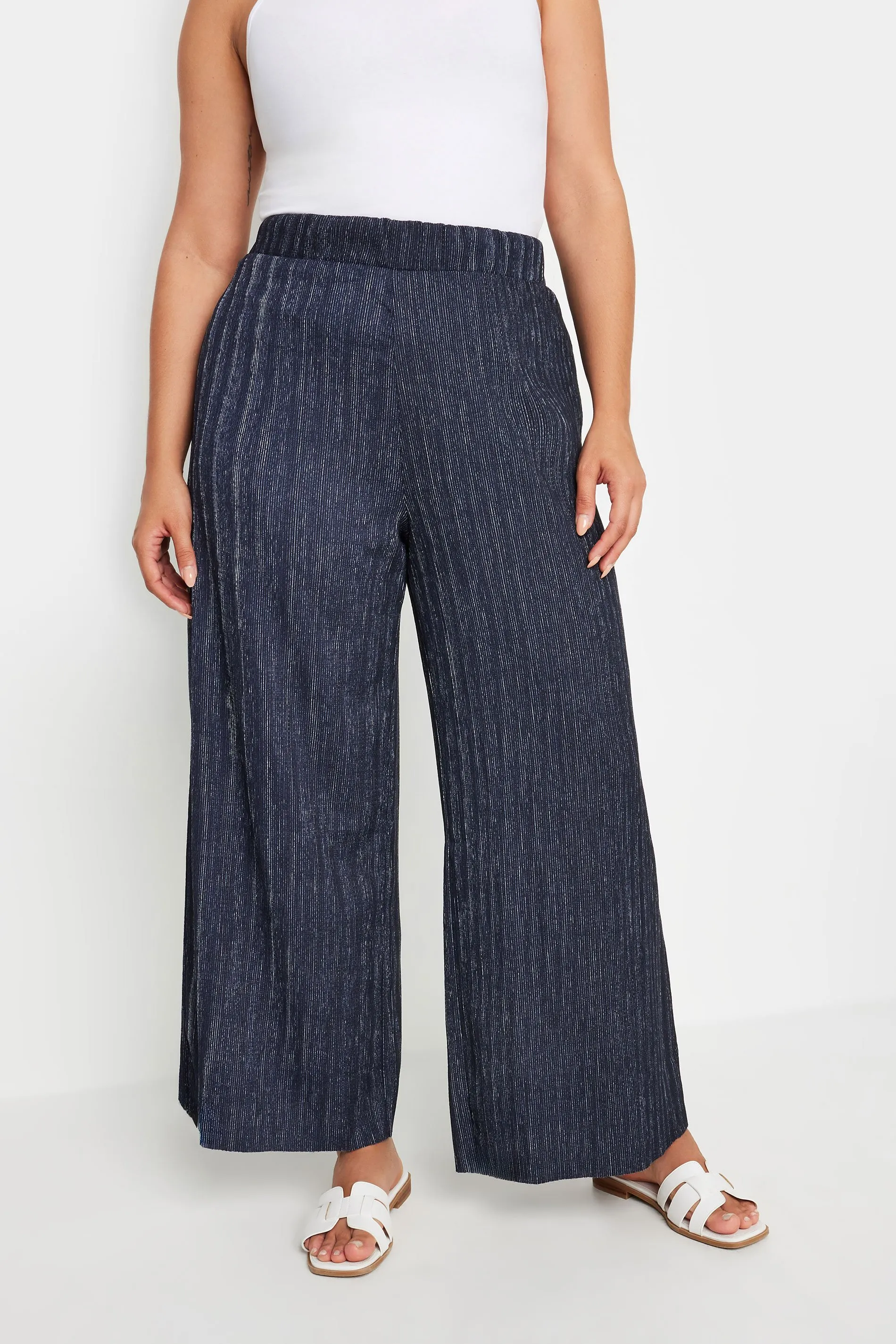 YOURS Curve Navy Blue Textured Wide Leg Trousers